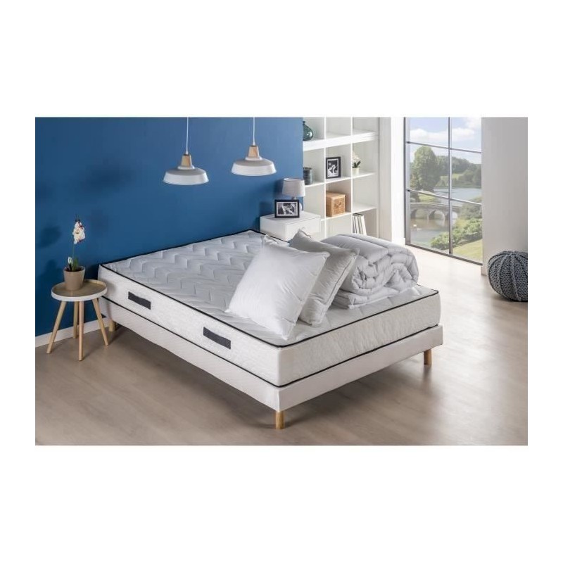 DEKO DREAM Relax Pack pret a dormir - Matelas + Sommier 140x190 cm + Couette + 2 Oreillers - Ressorts - 7 zones 24 cm - Equilibr