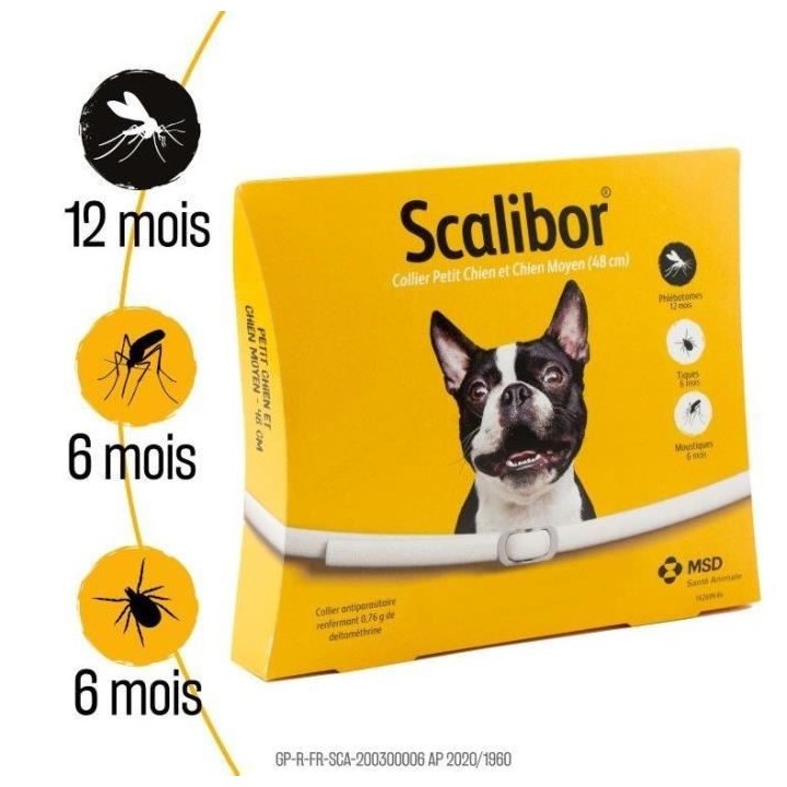 SCALIBOR Collier antiparasitaire - 48 cm - Pour petit et moyen chien (