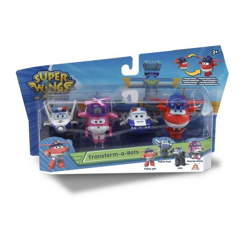 SUPER WINGS Pack de 4 figurines Transform-a-Bot - 5 cm - Transformables - Jet Police/Paul/Kim/Dizzy Rescue