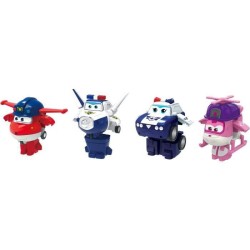 SUPER WINGS Pack de 4 figurines Transform-a-Bot - 5 cm - Transformables - Jet Police/Paul/Kim/Dizzy Rescue