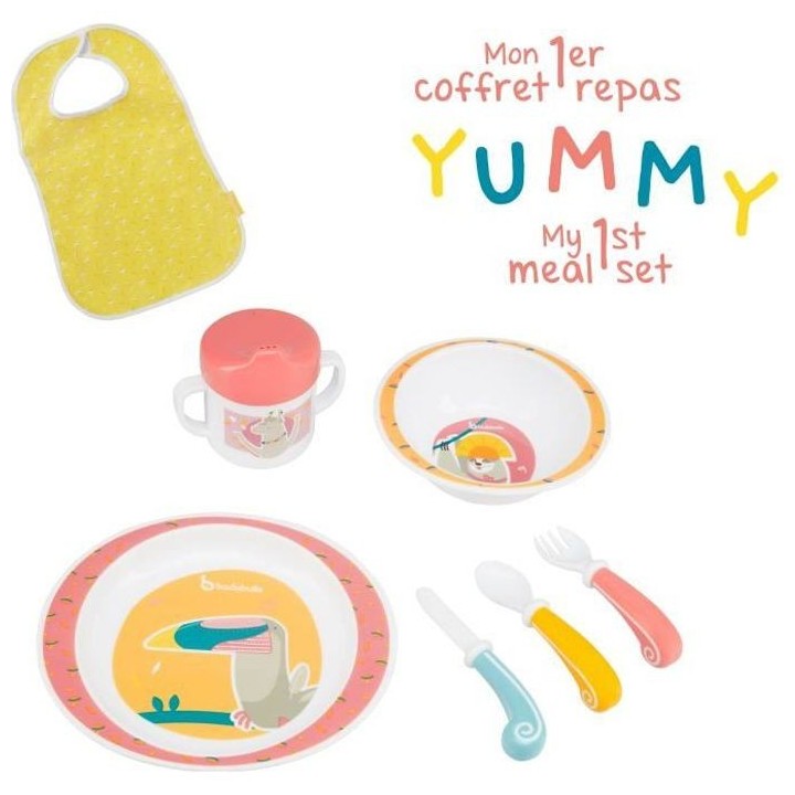 Badabulle Coffret Repas Yummy, Set Vaisselle 7 pieces & Bavoir Bébé