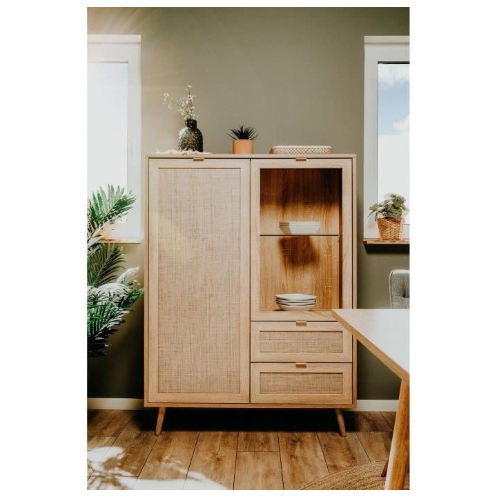 Vitrine 2 portes 2 tiroirs - Trompe l'oeil cannage- - Décor chene son