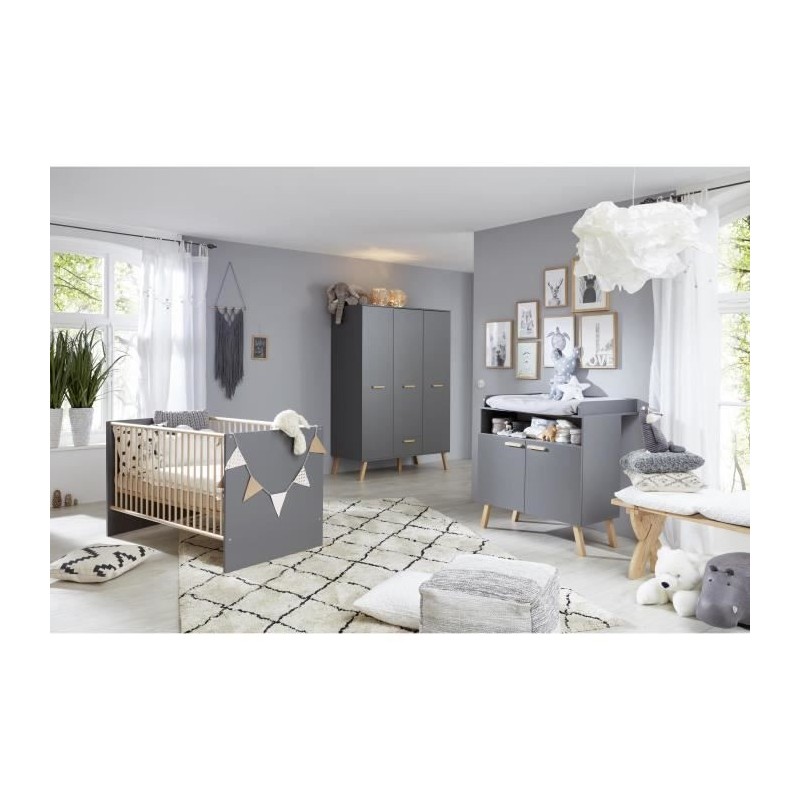 Chambre bébé Trio : Lit 70 x 140 cm + Commode a langer + Armoire MATS - Anthracite - TREND TEAM