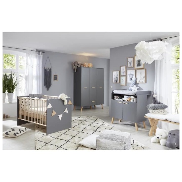 Chambre bébé Trio : Lit 70 x 140 cm + Commode a langer + Armoire MAT
