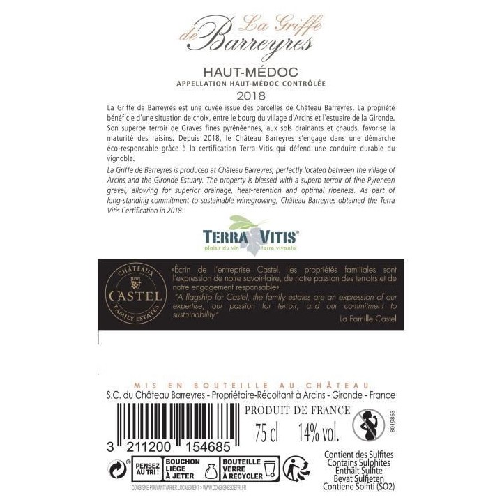 La Griffe de Barreyres 2018 Haut-Médoc - Vin rouge de Bordeaux