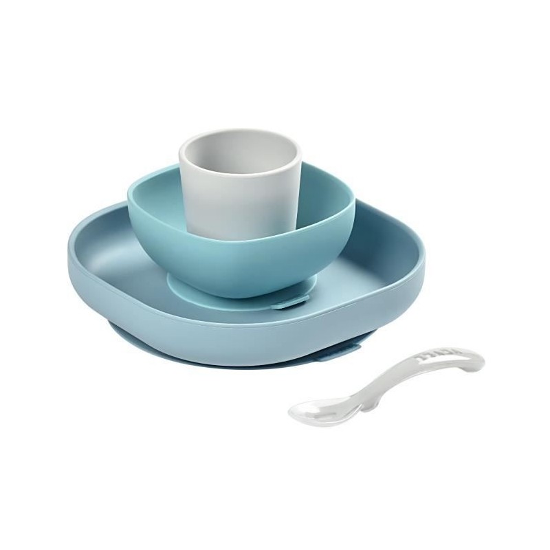 BEABA, Coffret repas Silicone Bébé, Avec Ventouse, Anti-dérapant, 4 Pieces, Assiette + Bol+ Verre + Cuillere, Jungle