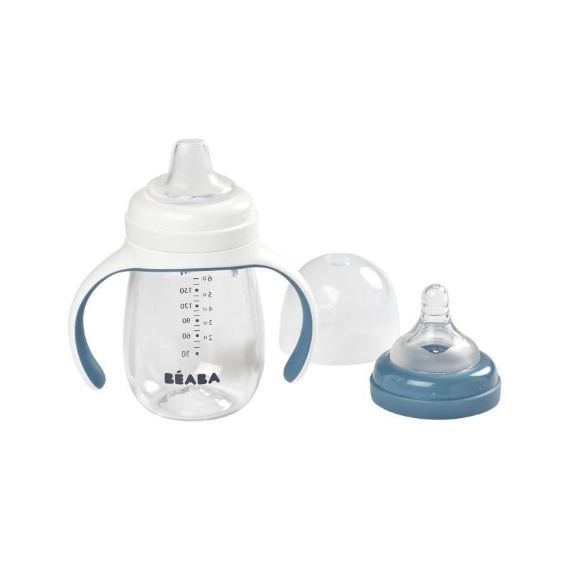 BEABA, Biberon/Tasse d'apprentissage 2 en 1, Tasse Paille Enfant, 100% étanche, Anti-fuite, 210 ml - windy blue