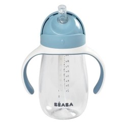 BEABA, Biberon/Tasse d'apprentissage 2 en 1, Tasse Paille Enfant, 100% étanche, Anti-fuite, 300 ml - windy blue