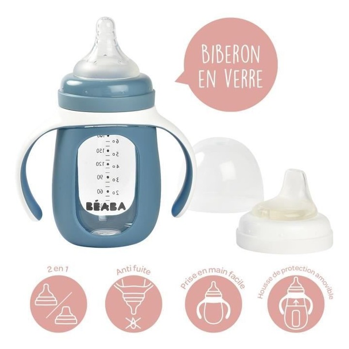 BEABA, Biberon verre d'apprentissage 2 en 1 210 ml + housse silicone -
