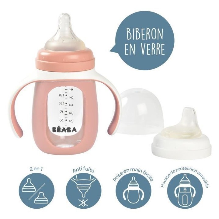 BEABA, Biberon verre d'apprentissage 2 en 1 210 ml + housse silicone -
