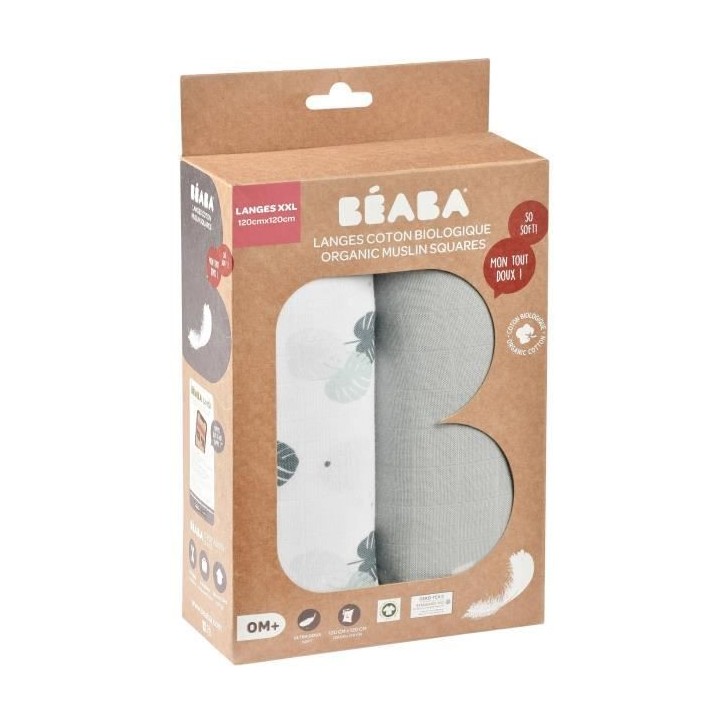 BEABA, Boîte 2 LANGES 120cm - Gris Mirage / Jungle
