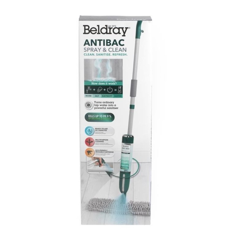 BELDRAY Antibac Spray & Clean Mop - Balai éléctrique avec spray - Bouteille d'eau réutilisable 400ml - Tampon de balai en mic