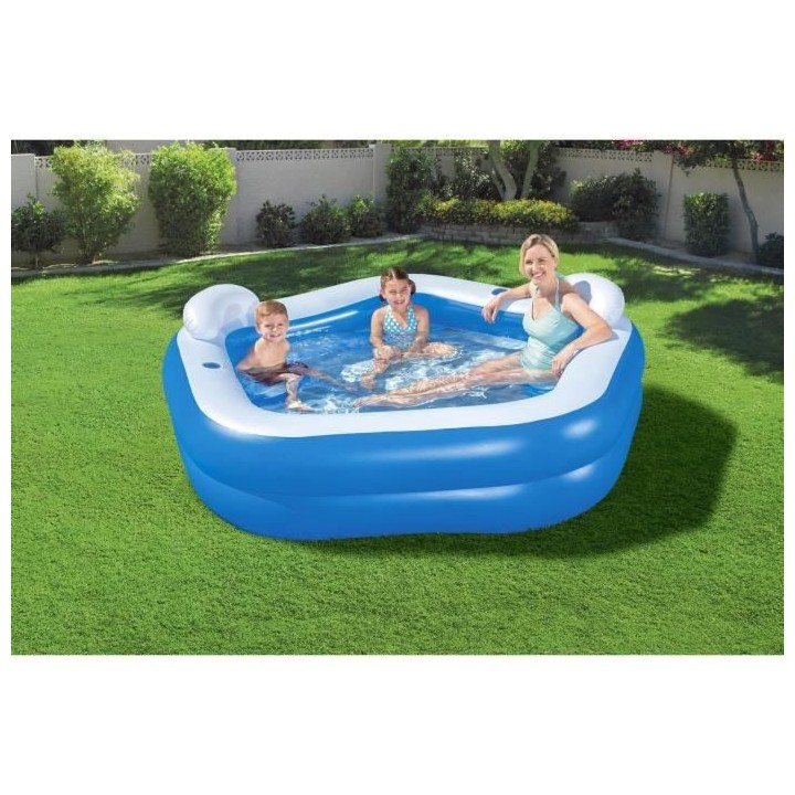 Piscine gonflable octogonale bleue avec sieges et appuie-tetes 213 x 2