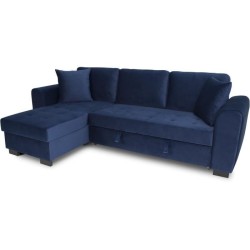 Canapé d'angle convertible HAMILTON 4 places - Tissu velours bleu - L 245 x P 140 x H 86 - Coffre de rangement