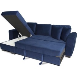 Canapé d'angle convertible HAMILTON 4 places - Tissu velours bleu - L 245 x P 140 x H 86 - Coffre de rangement