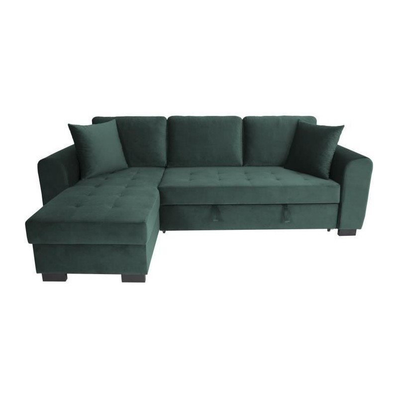 Canapé d'angle convertible HAMILTON 4 places - Tissu velours vert - L 245 x P 140 x H 86 - Coffre de rangement