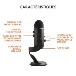 Microphone USB - Blue Yeti - Pour Enregistrement, Streaming, Gaming, Podcast sur PC ou Mac - Noir