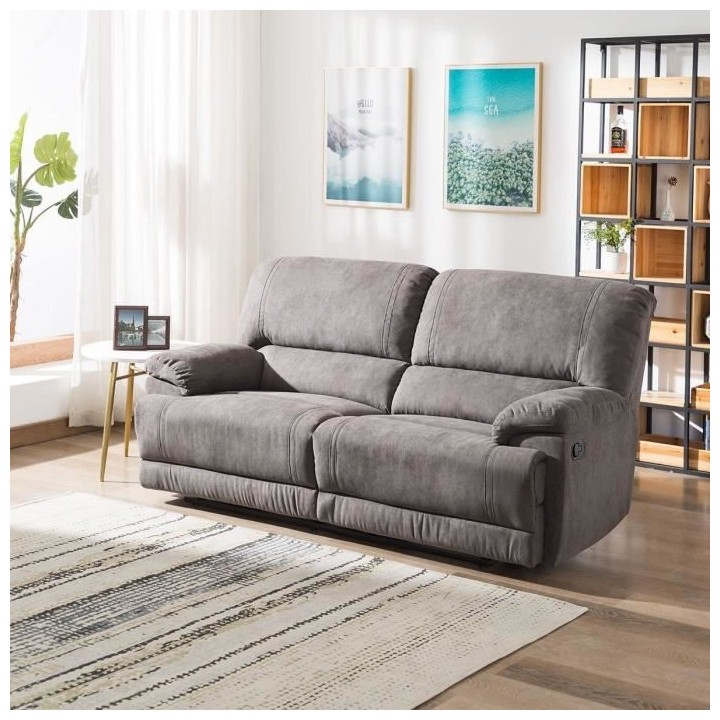 Canapé relax manuel - 3 places - JARROD - Tissu gris - L 208 x P 172