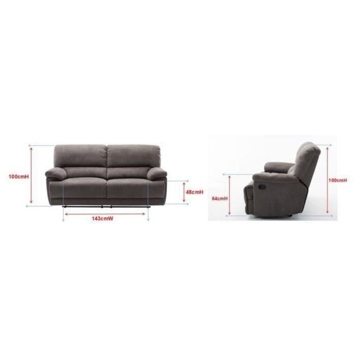 Canapé relax manuel - 3 places - JARROD - Tissu gris - L 208 x P 172