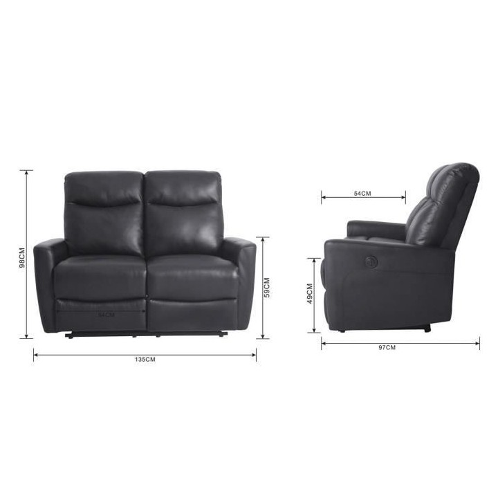 Canapé relax électrique - 2 places - JESS - Cuir et simili noir - 13