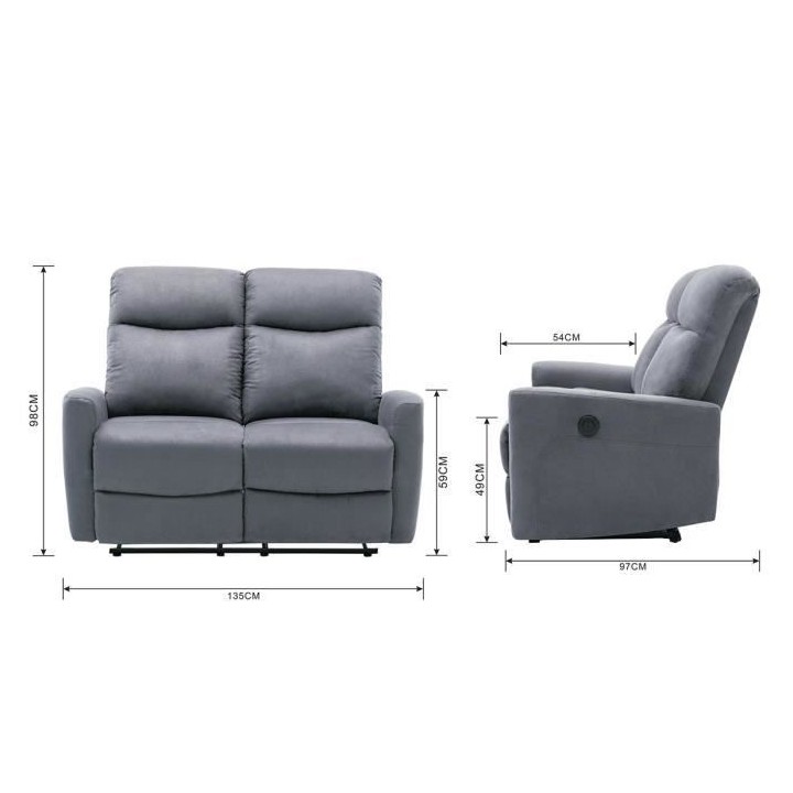 Canapé relax électrique - 2 places - JESS - Tissu gris - L 135 x P 9