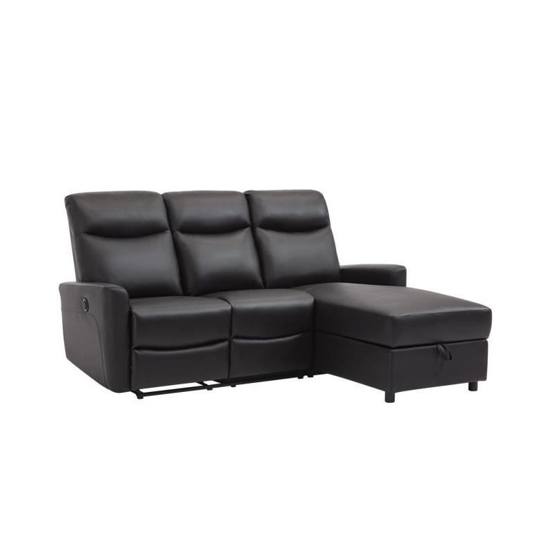 Canapé angle droit - JESS - avec coffre et 1 place relax électrique - Cuir et simili noir - 235x97x98cm