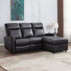 Canapé angle droit - JESS - avec coffre et 1 place relax électrique - Cuir et simili noir - 235x97x98cm