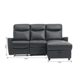 Canapé angle droit - JESS - avec coffre et 1 place relax électrique - Cuir et simili noir - 235x97x98cm