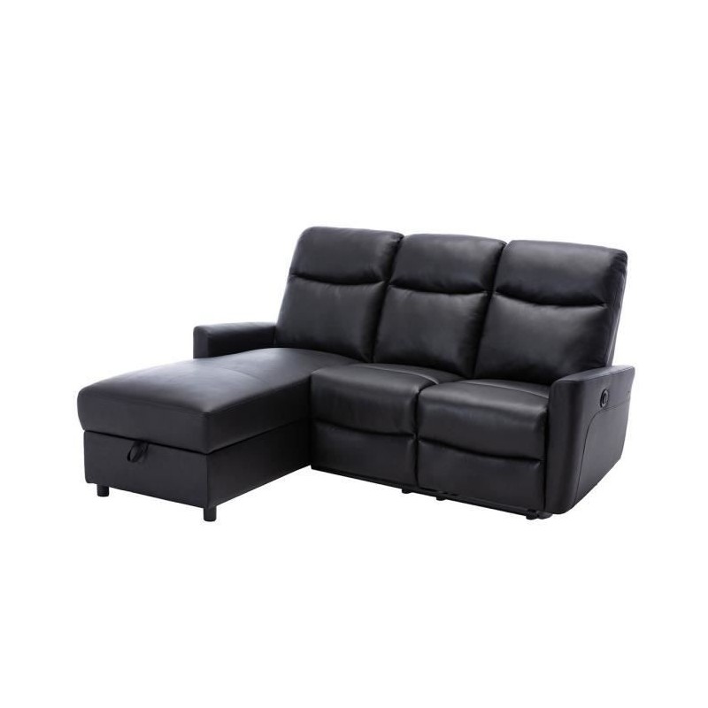 Canapé angle gauche - JESS - avec coffre et 1 place relax électrique - Cuir et simili noir - 235x97x98cm