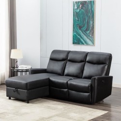 Canapé angle gauche - JESS - avec coffre et 1 place relax électrique - Cuir et simili noir - 235x97x98cm