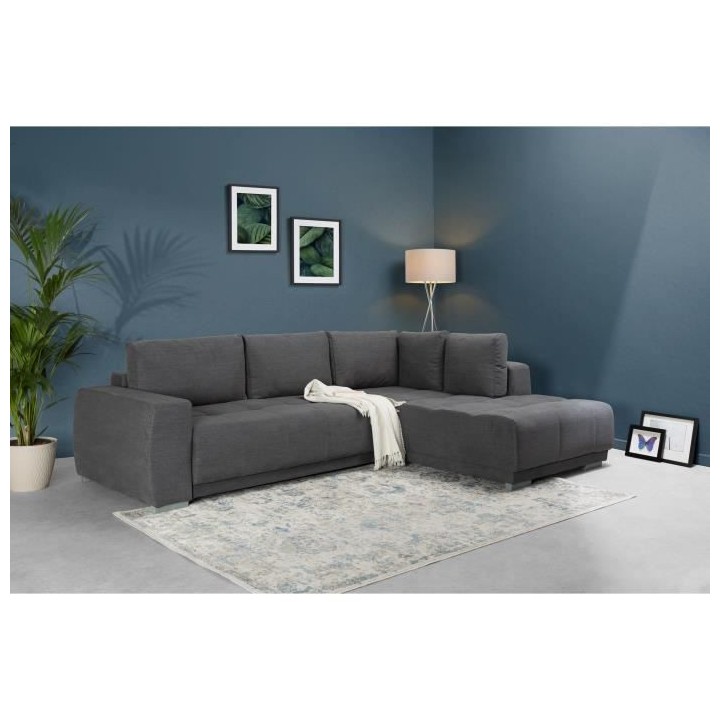 Canapé d'angle convertible droit - Tissu Gris - Coffre - L 280 x P 20