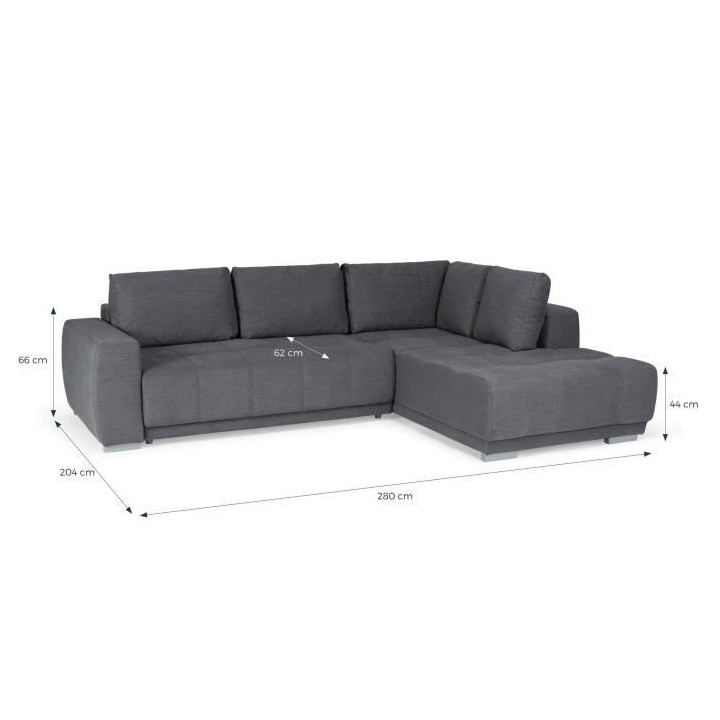 Canapé d'angle convertible droit - Tissu Gris - Coffre - L 280 x P 20