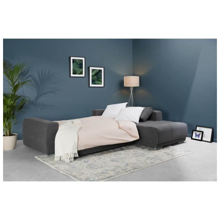 Canapé d'angle convertible droit - Tissu Gris - Coffre - L 280 x P 20