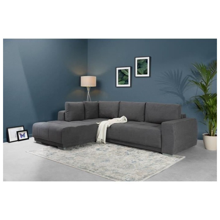 Canapé d'angle convertible gauche - Tissu Gris - Coffre - L 280 x P 2