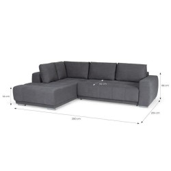 Canapé d'angle convertible gauche - Tissu Gris - Coffre - L 280 x P 204 x H 66 cm - BOLERO