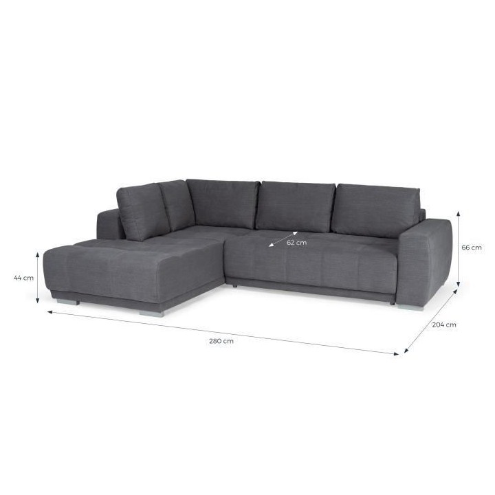 Canapé d'angle convertible gauche - Tissu Gris - Coffre - L 280 x P 2