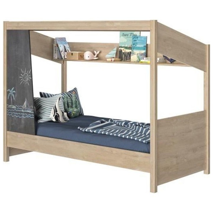 GAMI CABANE - Lit cabane - 90x200 cm - Décor chene et anthracite - L