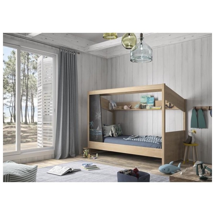 GAMI CABANE - Lit cabane - 90x200 cm - Décor chene et anthracite - L