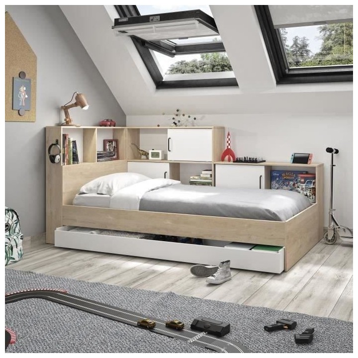 GAMI Erwan Lit enfant avec rangements - Décor blanc et châtaignier -