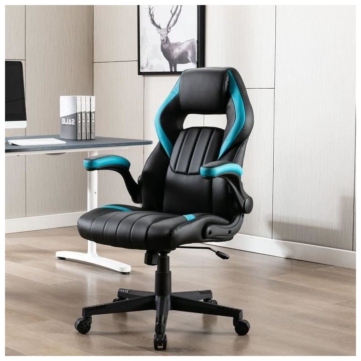 RACING Chaise gaming de bureau a roulette - Simili noir et bleu clair