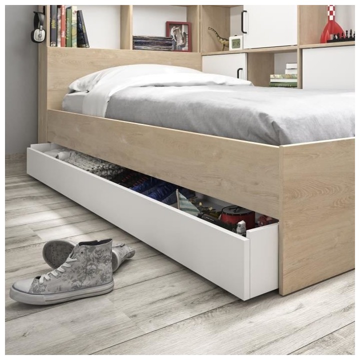 GAMI Erwan Lit enfant avec rangements - Décor blanc et châtaignier -