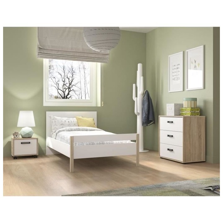 GAMI Ensemble lit 90x190 + Chevet 1 porte + Commode 3 tiroirs - Made i