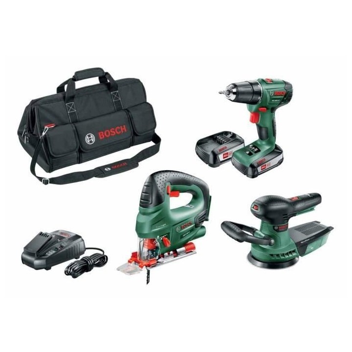 Pack 3 outils sans-fil 18V Bosch - Perceuse PSR 1800 LI-2 + scie saute
