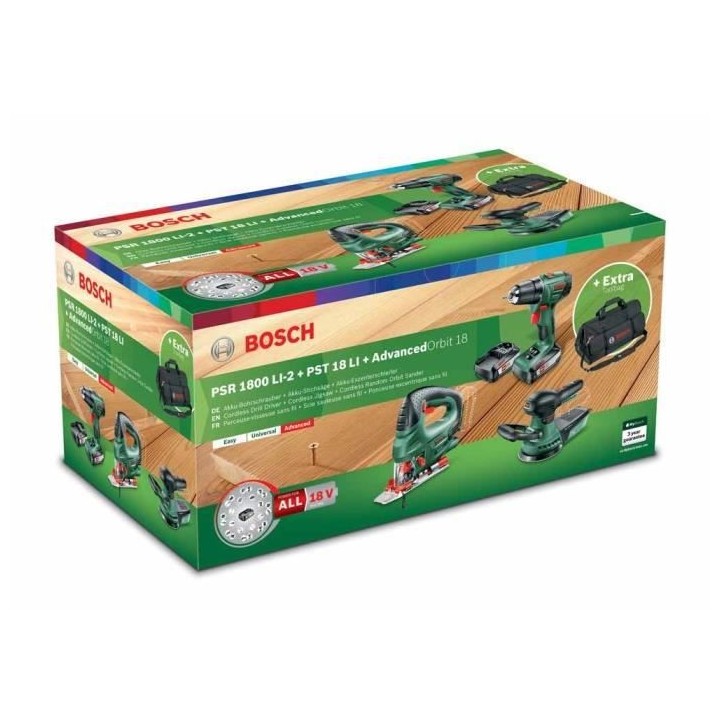 Pack 3 outils sans-fil 18V Bosch - Perceuse PSR 1800 LI-2 + scie saute