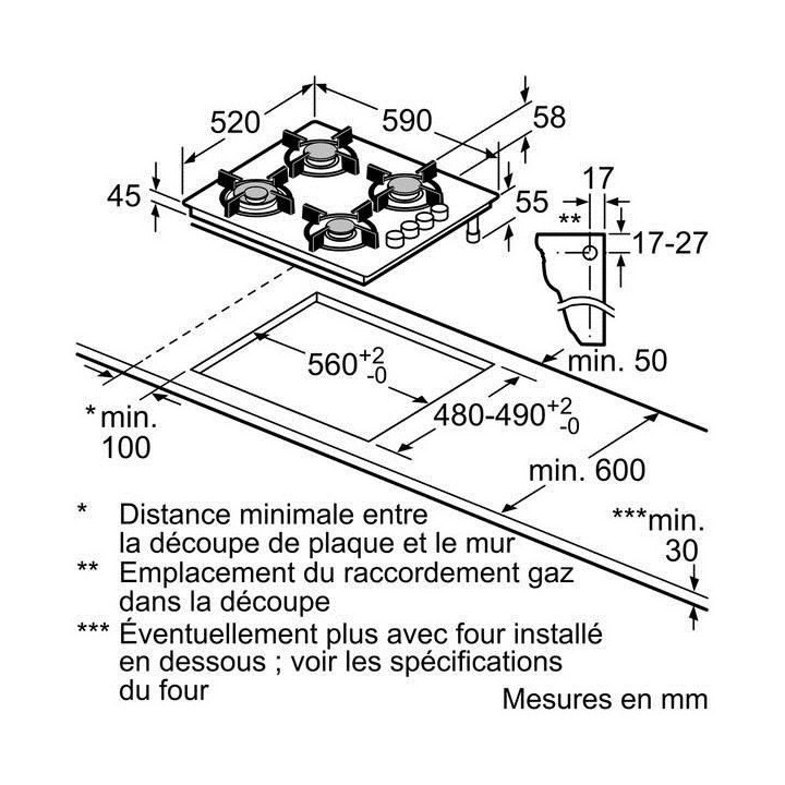 BOSCH POP6B6B10 Plaque de cuisson gaz - 4 foyers - 7400W - L56 x P48cm
