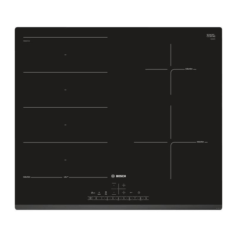 Table cuisson induction BOSCH - 4 zones - L 51 x P 52,2 cm - 7400 W - Revetement verre - Noir - PXE631FC1E