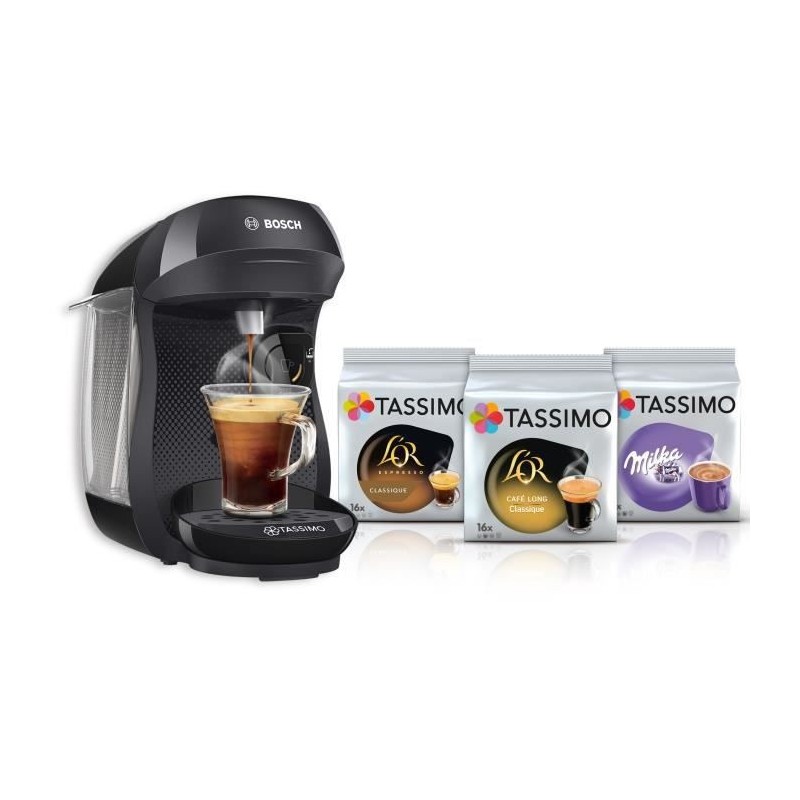 BOSCH machine Tassimo HAPPY (noire) + 3 packs de T-Discs offerts. Machine compacte automatique avec lecteur optique de codes bar