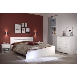 PARISOT Ensemble chambre lit 140x190 cm + 2 chevets + 1 commode - Blan