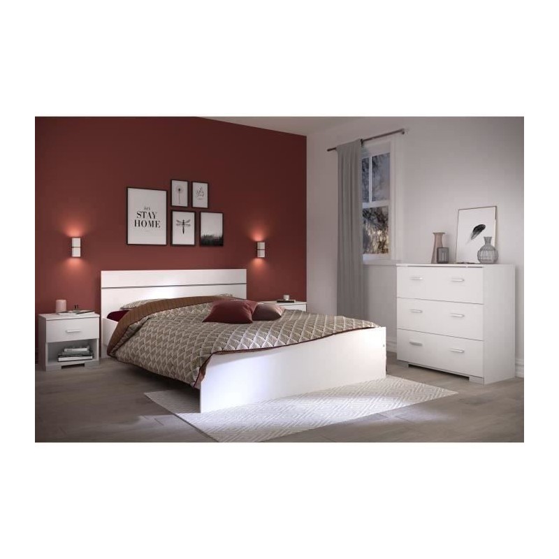 PARISOT Ensemble chambre lit 140x190 cm + 2 chevets + 1 commode - Blanc - BOSTON