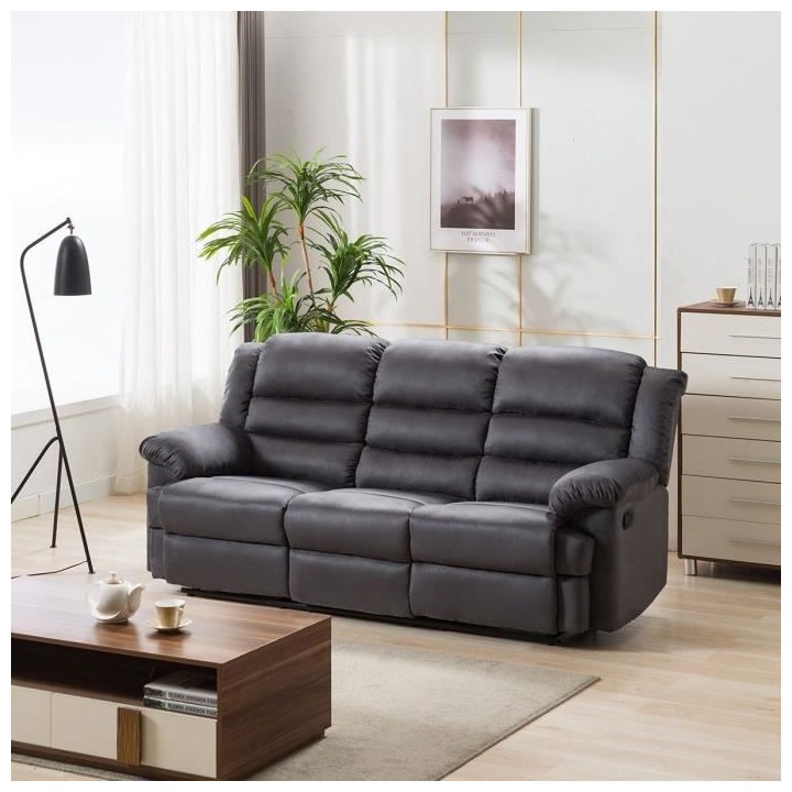 Canapé relax manuel - 3 places - TERRENCE - En microfibre grise - L 2